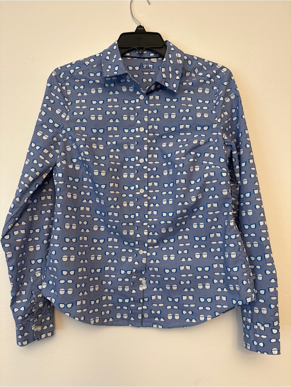Boden Blue Button-Down Shirt with White Sunglasses Print size US R 6, UK 10R.